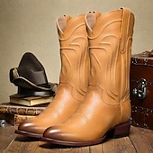 levne Cowboy &amp; Western Boots-pánské hnědé westernové kovbojské boty z umělé kůže s klasickou výšivkou - odolné a stylové rodeo boty pro country a outdoorové nošení