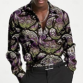 ieftine Cămașă din satin pentru bărbați-Bărbați Cămașă din satin Cămașă de Costum Camașă cu nasturi Imprimeu Paisley Vacanță Îmbrăcăminte de seară de petrecere Violet Galben Manșon Lung Cămăși cu guler Vară Primăvară Îmbrăcăminte Butonul