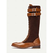 baratos anos 1930-botas femininas de camurça sintética bordô e couro sintético preto com cadarço na altura do joelho – design de inspiração vintage com tiras de fivela dupla, perfeitas para uso casual e formal