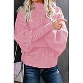 billige Solide farger-Dame Genser Elegant Mote Daglig Geometrisk Mock Neck Strikket Langermet Lange topper Strikke Arbeid Sjokkrosa Rød Høst Vinter