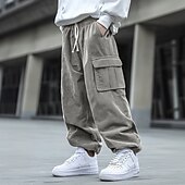 abordables Pantalons Cargo-Homme Pantalon Cargo Pantalon en Velours Côtelé Pantalon Pantalon baggy Cordon Taille elastique Multi poche Couleur unie Respirable Doux Toute la longueur Formel Bureau Travail mode simple Ample Noir