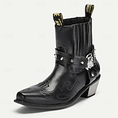 tanie Buty motocyklowe-męskie czarne skórzane buty motocyklowe ze sztucznym futerkiem z haftem płomienistym i metalową klamrą – botki w stylu western dla motocyklistów, którzy cenią sobie modę i swobodny styl