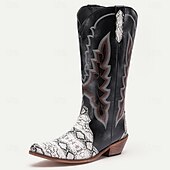 abordables Cowboy et bottes occidentales-bottes de cowboy western pour hommes – similicuir noir avec accents d&#039;imprimé serpent, détails brodés et talon bottier, parfaites pour le rodéo, les événements country et les tenues décontractées