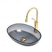 cheap Vessel Sinks-Bathroom Vessel Sink Tempered Glass Wash Basin Bowl Above Counter Art Vessel Sink with Water Drop Faucets and Pop-Up Drain