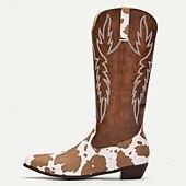 levne Cowboy &amp; Western Boots-pánské westernové kovbojské boty s hnědým a bílým kravským potiskem – vyšívaný design z umělé kůže, ideální pro rodeo, běžné nošení a venkovskou módu
