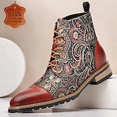 cheap Premium Leather Boots-Men&#039;s Premium Cowhide and Jacquard Paisley Ankle Boots - Vintage Lace-Up Leather Boots with Rugged Sole for Casual and Formal Wear
