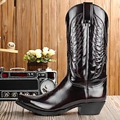 levne Cowboy &amp; Western Boots-pánské klasické hnědé westernové kovbojské boty z umělé kůže - reliéfní vzor, špičatá špička a střední podpatek pro rodeo, ranč a běžné nošení
