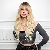abordables Perruques Synthétiques Sans Bonnet-Perruque Synthétique Bouclé Ondulé Coupe Droite Avec Frange Fabriqué à la machine Perruque 26 pouces Blond clair Cheveux Synthétiques Femme Mignon Cosplay Soirée Blond