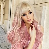 economico Parrucche trendy sintetiche-parrucca bionda/rosa lunga ed ondulata chic con frangia per donna - perfetta per il cosplay &amp;parti in fibra sintetica