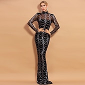 voordelige Zwart-Black Tie Zeemeermin Avondjurk Sequins Glanzende Jurk Formele Vloerlengte Lange Mouwen Illusie Hals Maskerfeest Jurk