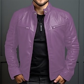 abordables Veste cuir homme-Homme Veste en Similicuir Veste de transition Veste moto Veste en cuir rouge Vacances Quotidien Coupe-vent Chaud Avec Poches Automne &amp; Hiver Uni Mode Classique Col montant Régulier Similicuir Noir