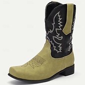levne Cowboy &amp; Western Boots-pánské zelenočerné westernové kovbojské boty z umělého semiše s vyšívaným designem - klasické boty ve vintage stylu pro rodeo a outdoorové nošení