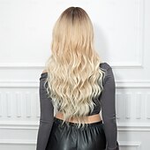 abordables Perruques Synthétiques Sans Bonnet-Perruque Synthétique Bouclé Ondulé Coupe Droite Avec Frange Fabriqué à la machine Perruque 26 pouces Blond clair Cheveux Synthétiques Femme Mignon Cosplay Soirée Blond