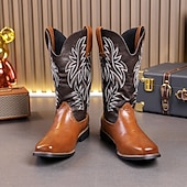 levne Cowboy &amp; Western Boots-pánské dvoubarevné westernové kovbojské boty – vintage styl s vyšívanou stopkou, hnědá a černá umělá kůže, ideální pro rodeo nebo běžné nošení