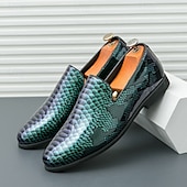 cheap Semi-Formal-Men&#039;s Snakeskin Print Loafers – Stylish Green and Black Glossy Slip-On Shoes with Modern Design, Perfect for Formal and Semi-Formal Occasions