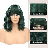 economico Parrucche trendy sintetiche-parrucca con frangia parrucche corte ondulate per donne lunghezza spalle parrucche caschetto riccio parrucche sintetiche resistenti al calore per halloween cosplay uso quotidiano per feste