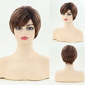 economico parrucca più vecchia-parrucche pixie ricci marroni per donne bianche capelli bianchi corti e soffici con frangia parrucca sintetica naturale resistente al calore