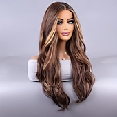 abordables Perruques Synthétiques Sans Bonnet-perruque synthétique longue et bouclée - brun riche avec des accents blonds, longueur luxueuse, texture rebondissante et style d&#039;apparence naturelle - parfaite pour les femmes au quotidien et les