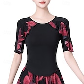 お買い得  トップとセット-ラテンダンス 上着 捺染 ラッフル スプライシング 女性用 性能 訓練 ハーフスリーブ ハイウエスト ポリエステル