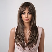 baratos Perucas Sintéticas sem Touca-perucas longas de cabelo sintético em camadas para mulheres com franja