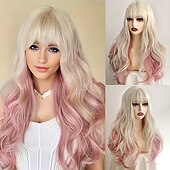 economico Parrucche trendy sintetiche-parrucca bionda/rosa lunga ed ondulata chic con frangia per donna - perfetta per il cosplay &amp;parti in fibra sintetica