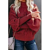 billige Solide farger-Dame Genser Elegant Mote Daglig Geometrisk Mock Neck Strikket Langermet Lange topper Strikke Arbeid Sjokkrosa Rød Høst Vinter