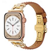 billiga Apple Watch-band-Läderband Kompatibel med Apple Watch klockband 38mm 40mm 41mm 42mm 44mm 45mm 49mm Elastisk Bling Diamond Fjärilsspänne Äkta Läder Strass Ersättningsurband för iwatch Ultra 2 Series 9 8 7 SE 6 5 4 3 2