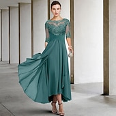 voordelige Vloerlengte-A-Line Moeder van de Bruid Jurk Bruiloft Gast Elegante Plus Size Hoge Lage V Hals Asymmetrische Enkel Lengte Chiffon Kant Halve Mouw Met Beading Applicaties 2025 gratis maatwerk