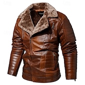 billiga Skinnimiterad jacka-Herr Imitationsläderjacka Fleece-jacka Bikerjacka Motorcykeljacka Dagligen Semester Vindtät Håller värmen Ficka Höst vinter Slät Mode Klassisk Kavajslag Normal Svart Rubinrött Brun Kaffe Jacka