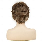 cheap Older Wigs-Brown Curly Pixie Wigs for White Women Short Fluffy White Hair with Bangs Natural Synthetic Heat Resistant Wig