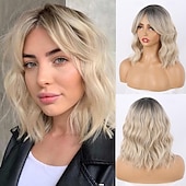 baratos Perucas Sintéticas sem Touca-peruca curta ondulada bob com franja cortina, peruca curta ondulada com raízes escuras perucas bob para mulheres peruca bob ondulada de aparência natural com franja
