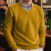 billiga tröja för män-Herr Klänning tröja Pullover tröja Ribbad Sticka Vanliga toppar Stickat Slimmad passform Slät V-hals Modernt Modernt Xmas Arbete Kläder Vinter Gul Blå S M L