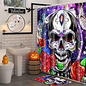 baratos Cortinas de Banho-cortina de chuveiro de halloween com ganchos para banheiro cortina de chuveiro de caveira conjunto de decoração de banheiro poliéster à prova d&#039;água pacote com 12 ganchos de plástico cabeças de