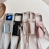 cheap Samsung Cases-Phone Case For Z Flip 5 Z Flip 4 Z Flip 3 Back Cover with Stand Holder Zipper with Lanyard Retro TPU PU Leather