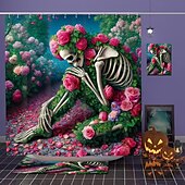 baratos Cortinas de Banho-cortina de chuveiro de halloween com ganchos para banheiro cortina de chuveiro de caveira conjunto de decoração de banheiro poliéster à prova d&#039;água pacote com 12 ganchos de plástico cabeças de