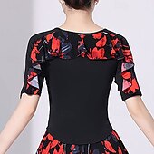 お買い得  トップとセット-ラテンダンス 上着 捺染 ラッフル スプライシング 女性用 性能 訓練 ハーフスリーブ ハイウエスト ポリエステル