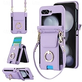 cheap Samsung Cases-Phone Case For Samsung Galaxy Z Flip 7 Z Flip 6 Z Flip 5 Z Flip 4 Z Flip 3 Back Cover Ring Holder with Lanyard with Wrist Strap Retro TPU PU Leather