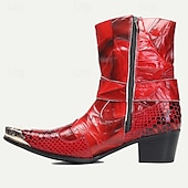 cheap Premium Leather Boots-Men&#039;s Red Premium Cowhide Motorcycle Boots with Snake Pattern, Metal Toe Cap, and Western Style – Perfect for Riding and Outdoor Adventures