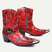 cheap Premium Leather Boots-Men&#039;s Red Premium Cowhide Motorcycle Boots with Snake Pattern, Metal Toe Cap, and Western Style – Perfect for Riding and Outdoor Adventures