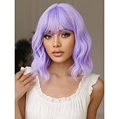 economico Parrucche trendy sintetiche-parrucca con frangia parrucche corte ondulate per donne lunghezza spalle parrucche caschetto riccio parrucche sintetiche resistenti al calore per halloween cosplay uso quotidiano per feste