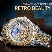 abordables Relojes mecánicos-FORSINING Hombre Relojes Mecánico Retro Antiguo Lujo Esfera Grande Moda Calavera Cuerda Automática Pantalla de fase lunar Luminoso Correa de acero inoxidable Reloj