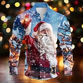 お買い得  サンタクロースの衣装-クリスマス メンズ サンタクロース プリント シャツ サンタクロース カジュアル ボタンアップ 長袖 パーティー イブニング 秋 冬 春&amp;amp;夏用カラーボタンアップ 3Dプリント 薄手ブルーポリエステル