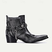 cheap Premium Leather Boots-Men&#039;s Black Premium Cowhide Leather Motorcycle Boots with Western Style, Metal Studded Strap, and Chain Accent – Perfect for Biker and Cowboy-Inspired Fashion