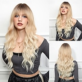 abordables Perruques Synthétiques Sans Bonnet-Perruque Synthétique Bouclé Ondulé Coupe Droite Avec Frange Fabriqué à la machine Perruque 26 pouces Blond clair Cheveux Synthétiques Femme Mignon Cosplay Soirée Blond
