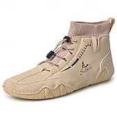 abordables Bottines-bottines décontractées en similicuir marron clair pour hommes avec détails cousus à la main, tige en tricot et lacets à bascule réglables - conception confortable et robuste pour l&#039;extérieur et le quotidien