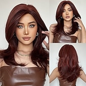 baratos Perucas Sintéticas sem Touca-Perucas sintéticas Uniformes Trajes de carreira Princesa Liso Kinky Liso Parte do meio Corte em Camadas Com Franjas Fabrico à Máquina Peruca 22 polegadas Vermelho Vinho Cabelo Sintético Mulheres