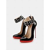 cheap Stiletto Heels-Women&#039;s Black Patent Leather Platform Stiletto Heels with Red Sole, Studded Spiked Ankle Straps, Sexy High Heels for Night Out, Parties, and Clubwear