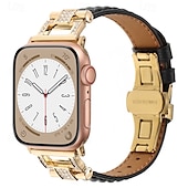 billiga Apple Watch-band-Läderband Kompatibel med Apple Watch klockband 38mm 40mm 41mm 42mm 44mm 45mm 49mm Elastisk Bling Diamond Fjärilsspänne Äkta Läder Strass Ersättningsurband för iwatch Ultra 2 Series 9 8 7 SE 6 5 4 3 2