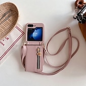 cheap Samsung Cases-Phone Case For Z Flip 5 Z Flip 4 Z Flip 3 Back Cover with Stand Holder Zipper with Lanyard Retro TPU PU Leather