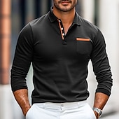 Men's Polo Shirt Golf Polo Street Business Turndown Ribbed Polo Collar Long Sleeve Fashion Basic Solid Color Patchwork Pocket Fall Winter Cross-Seasons Regular Fit Army Green Black Navy Blue Grey 11